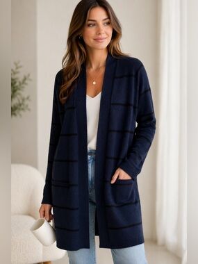 Autumn Cashmere 100% Cashmere Cardigan M Navy Black Striped Long Open Front